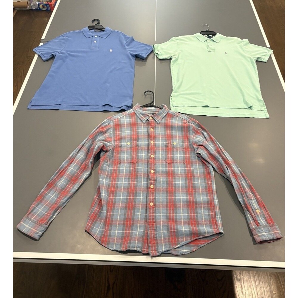 Ralph Lauren Men’s Polo Shirt Bundle Medium Blue & Green + Large Plaid Flannel